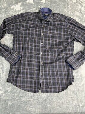 Bugatchi Mens Classic Fit Long Sleeve Plaid Button-Down Shirt Blue/Gray Size L